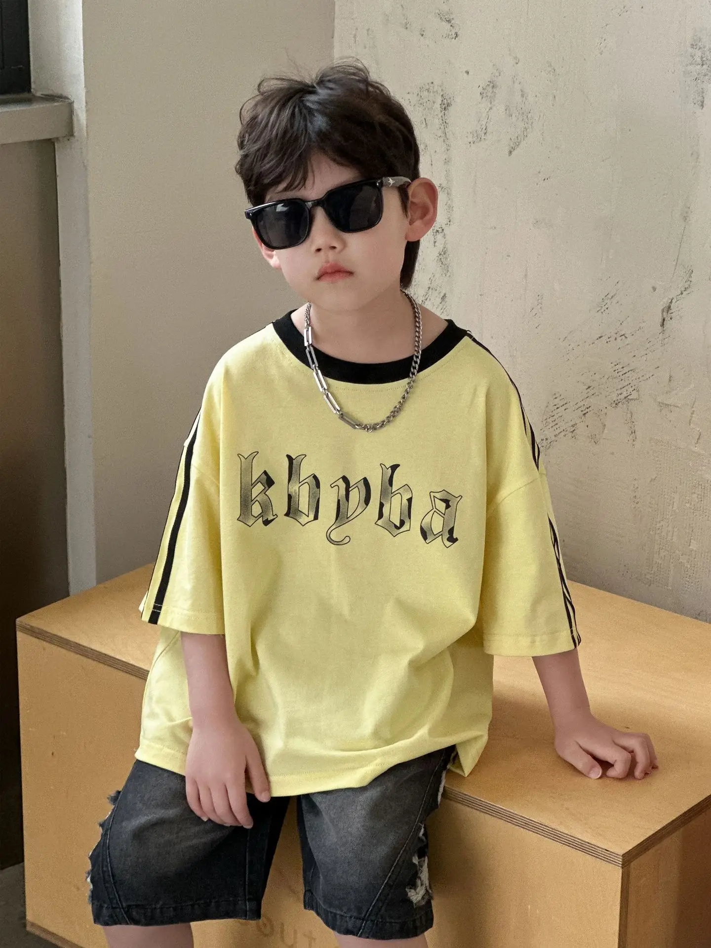 2025 Boys Cotton Summer T-Shirt Yellow Black Stripes - Image 5