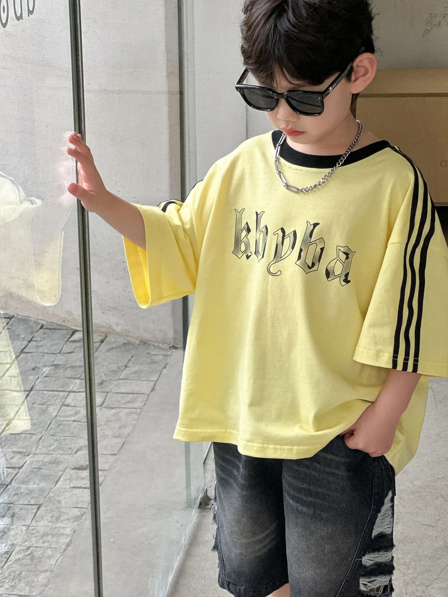 2025 Boys Cotton Summer T-Shirt Yellow Black Stripes - Image 6