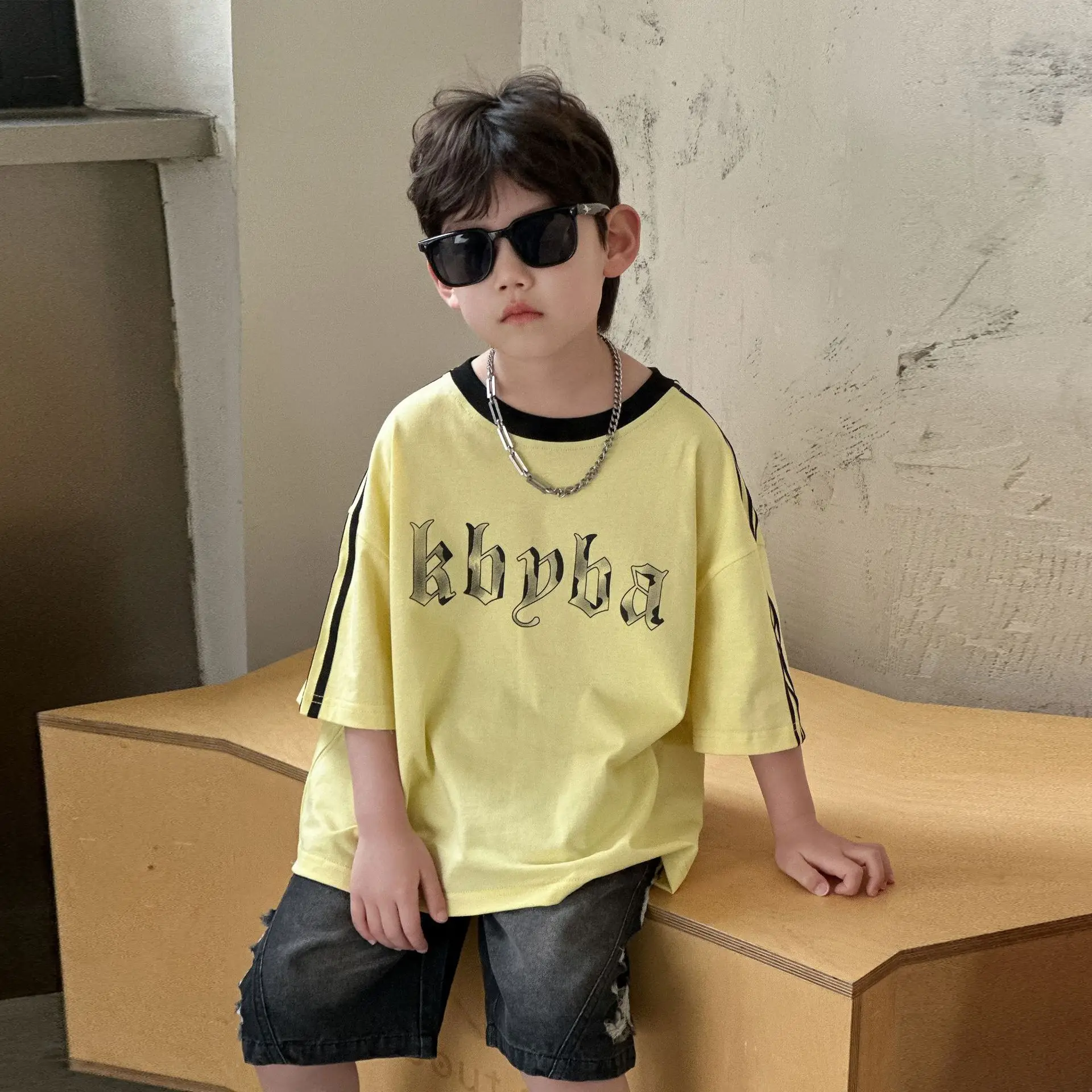 2025 Boys Cotton Summer T-Shirt Yellow Black Stripes — feature 10