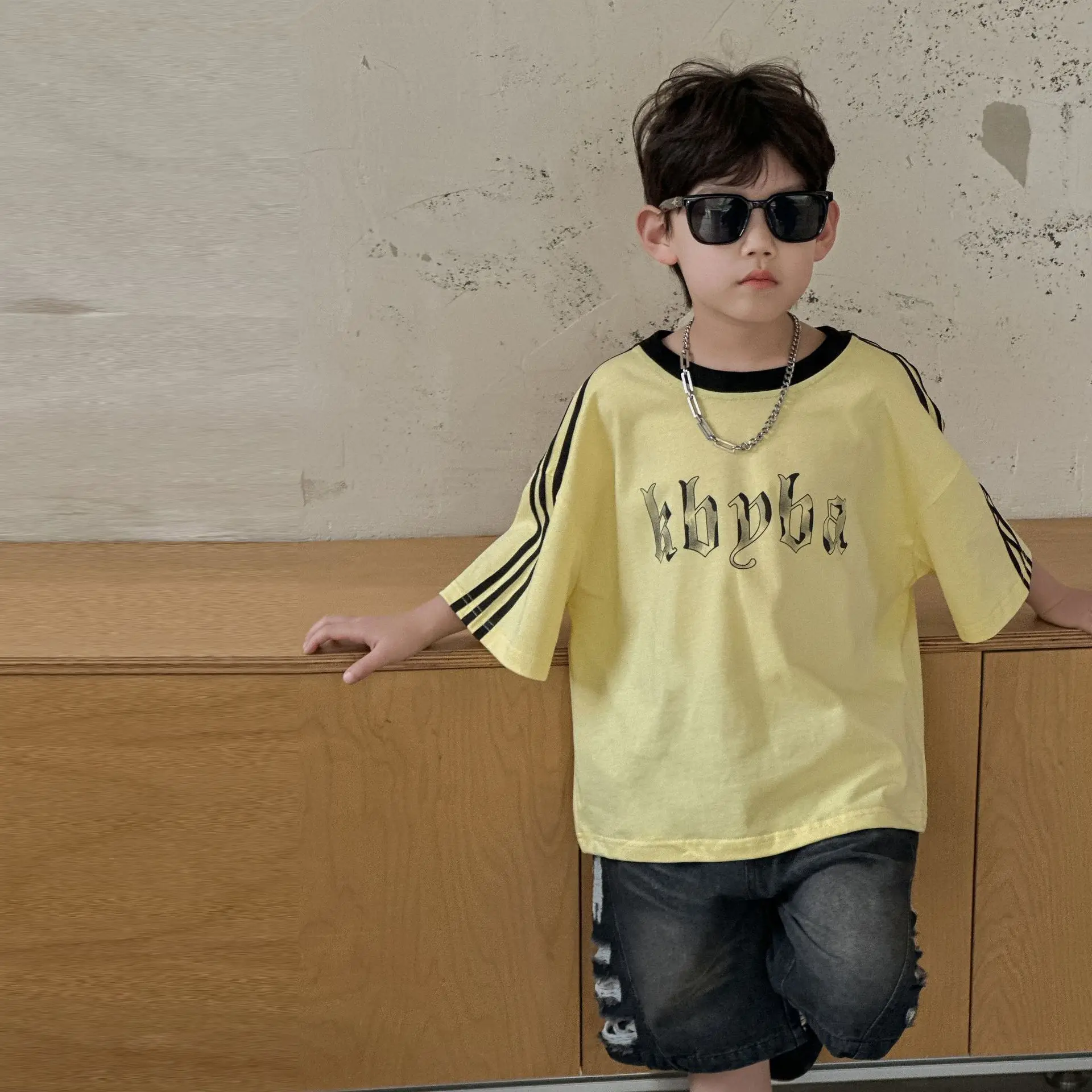 2025 Boys Cotton Summer T-Shirt Yellow Black Stripes — feature 11