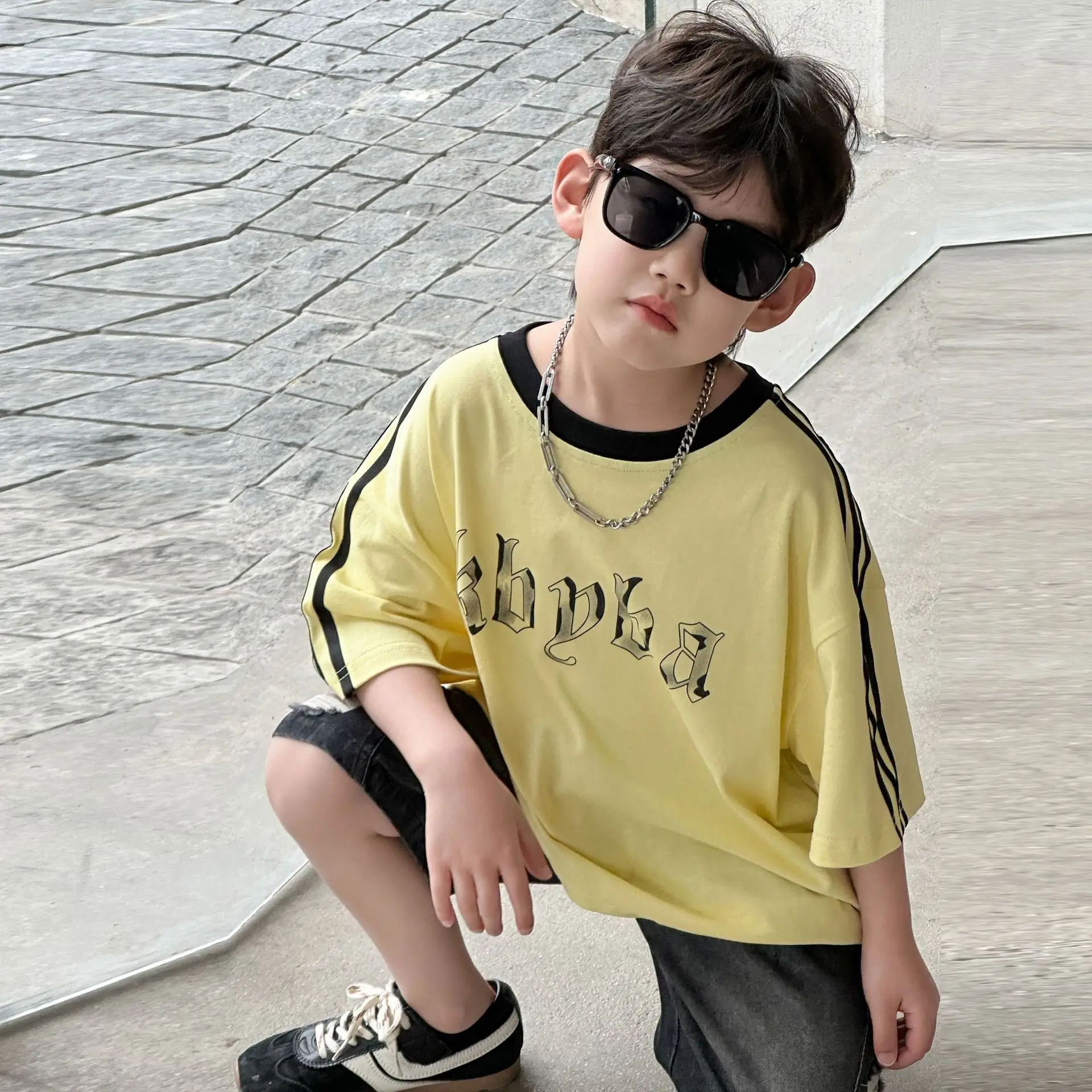 2025 Boys Cotton Summer T-Shirt Yellow Black Stripes — feature 12