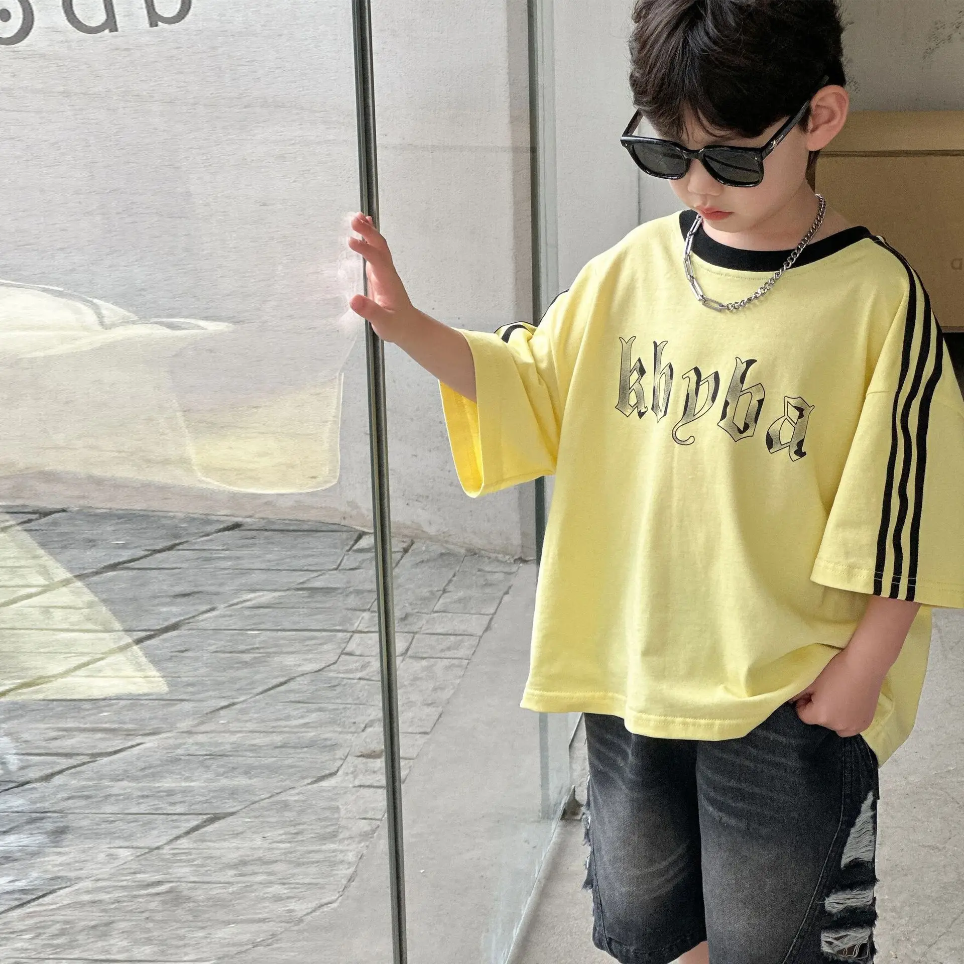 2025 Boys Cotton Summer T-Shirt Yellow Black Stripes — feature 13