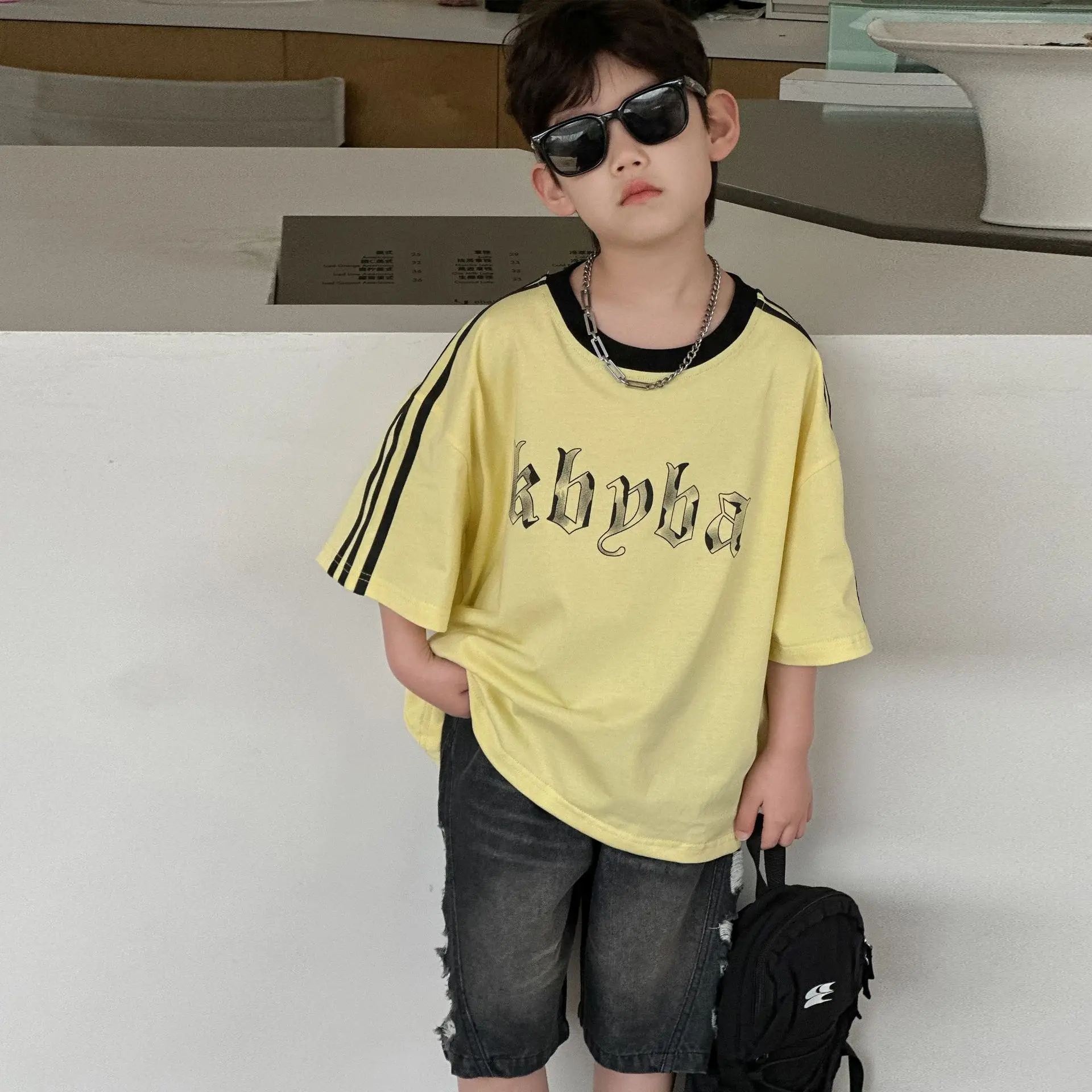2025 Boys Cotton Summer T-Shirt Yellow Black Stripes — feature 2
