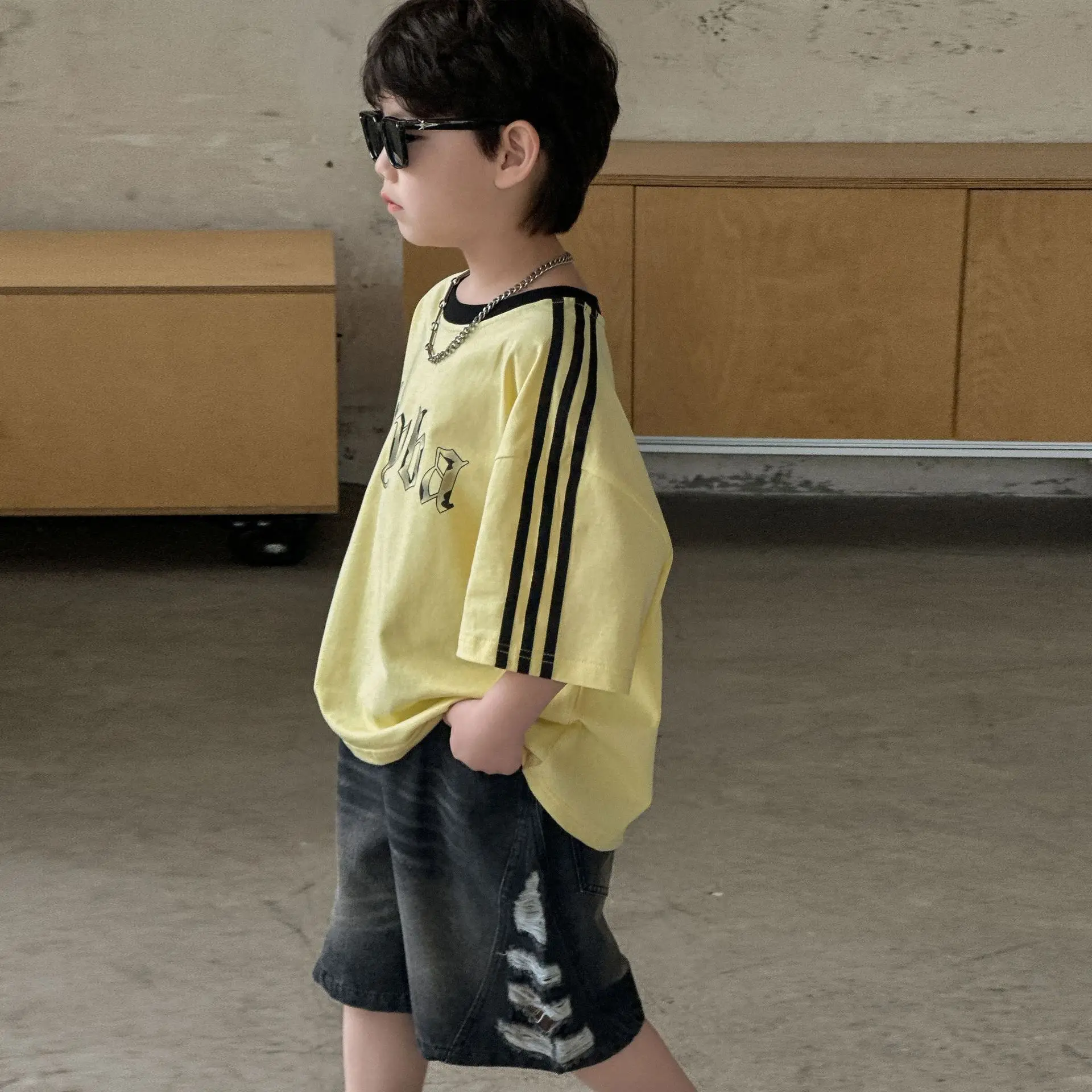 2025 Boys Cotton Summer T-Shirt Yellow Black Stripes — feature 6