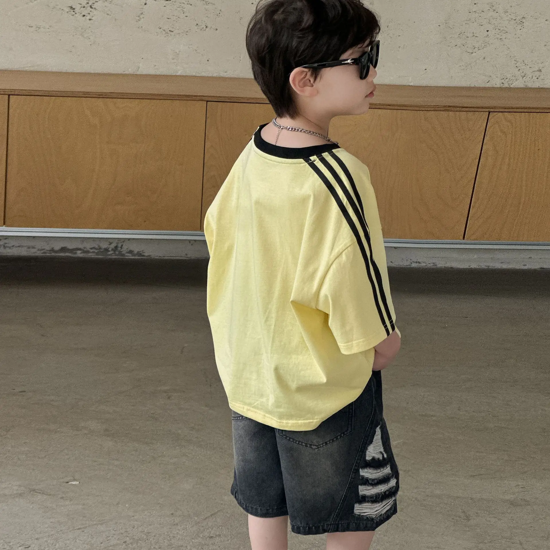 2025 Boys Cotton Summer T-Shirt Yellow Black Stripes — feature 7