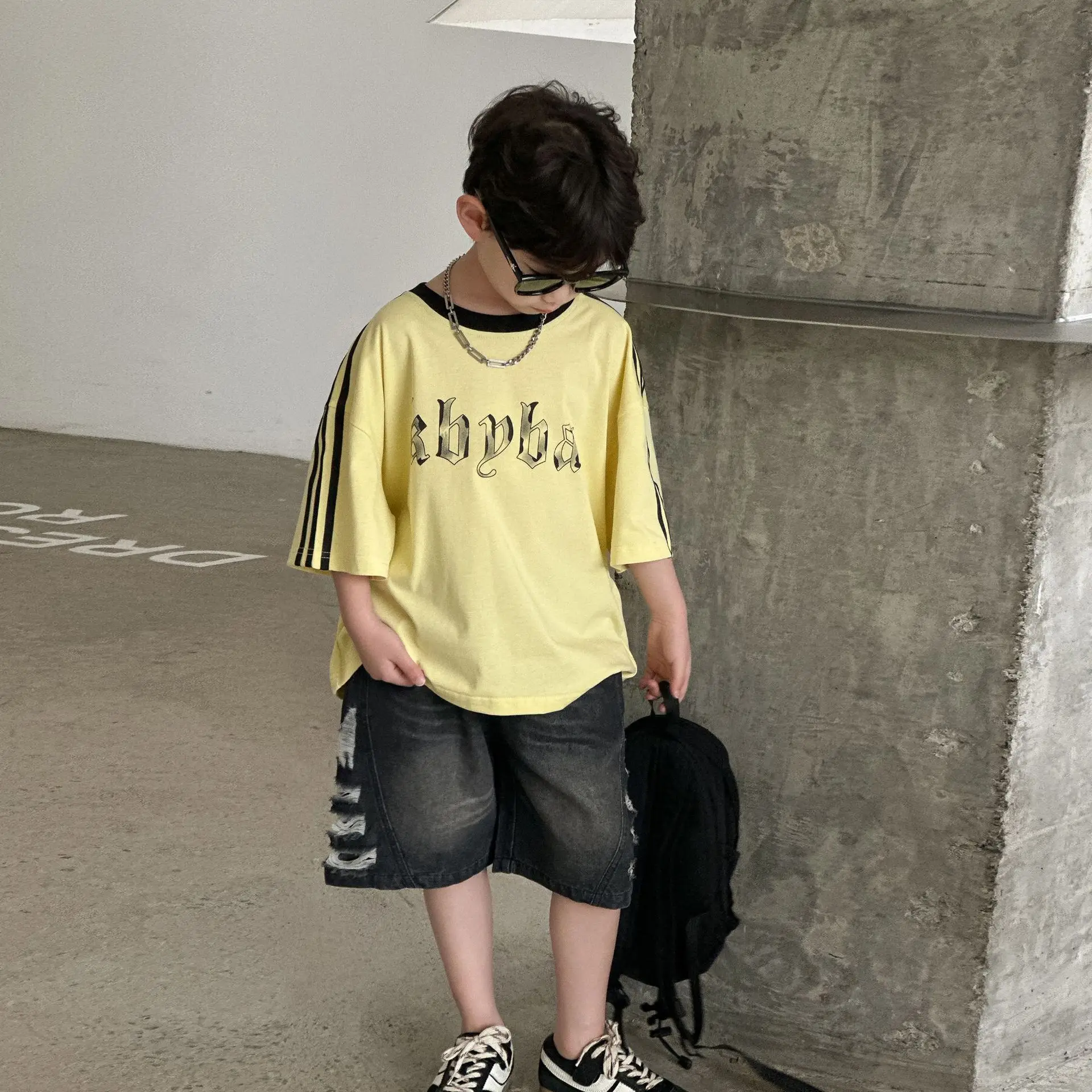 2025 Boys Cotton Summer T-Shirt Yellow Black Stripes — feature 8