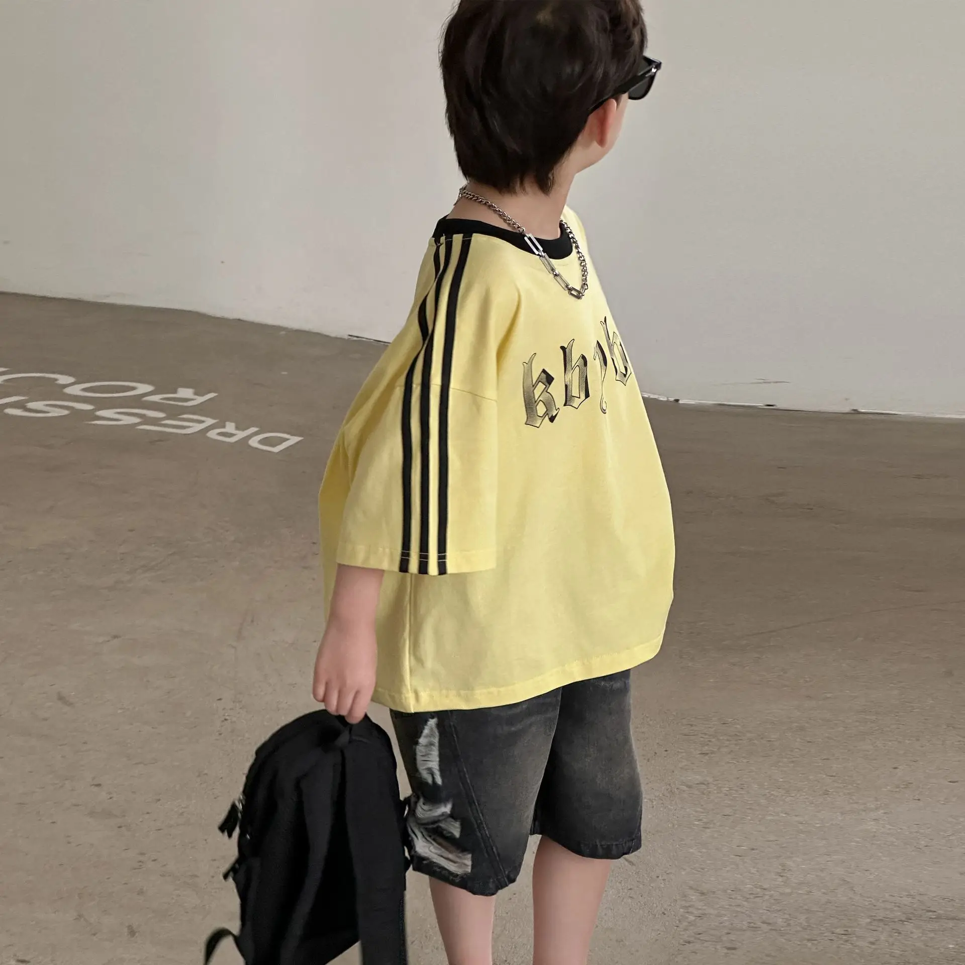 2025 Boys Cotton Summer T-Shirt Yellow Black Stripes — feature 9