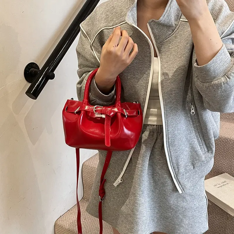 Women's Korean Style Handbag Beige Leather Bucket Bag - Image 9