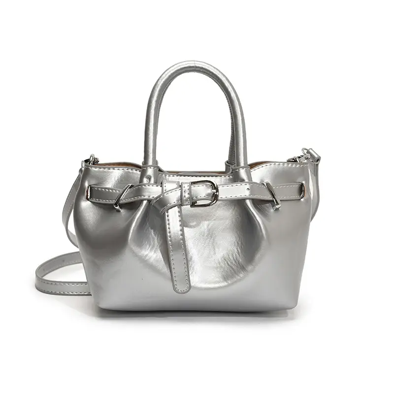 Women's Korean Style Handbag Beige Leather Bucket Bag - Image 10