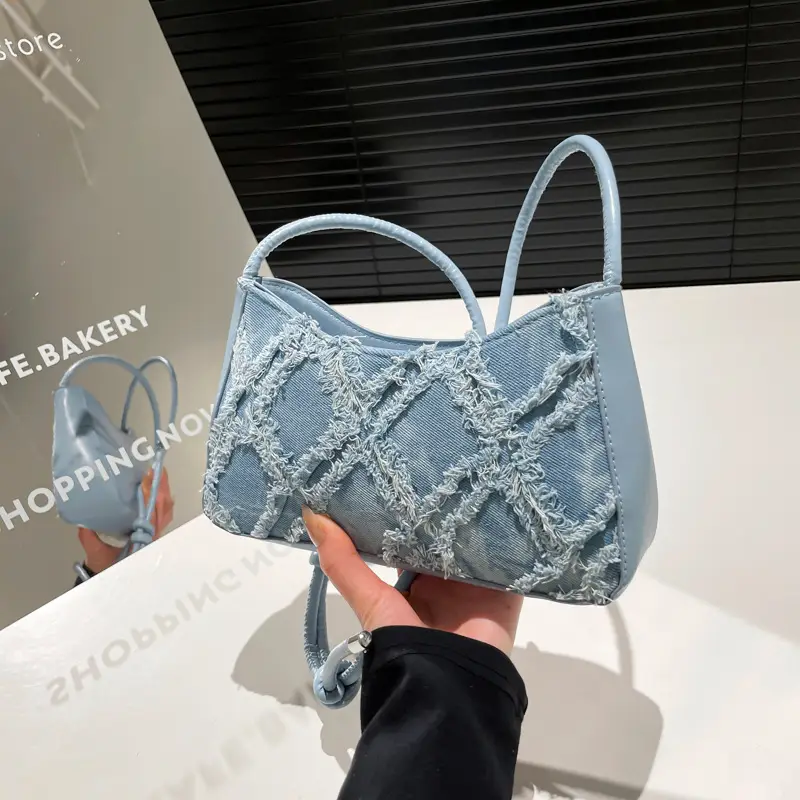 Blue Lace Quilted Shoulder Bag for Women - Image 7