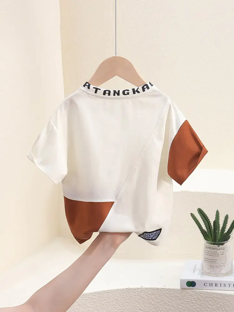Boys Patchwork T-Shirt White Brown 2026 - Image 5