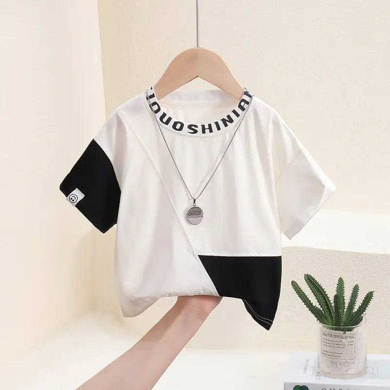 Boys Patchwork T-Shirt White Brown 2026 - Image 2