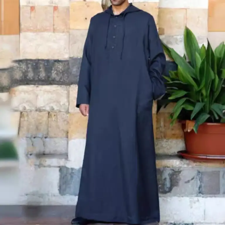 2025 Muslim Robe Long Hooded Shirt Men White Blue Black - Image 2