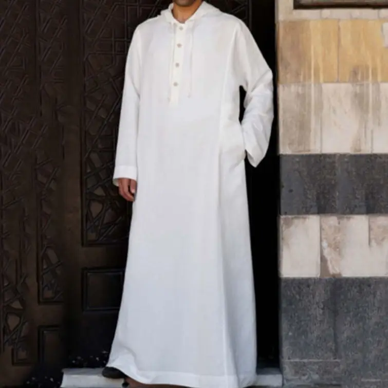 2025 Muslim Robe Long Hooded Shirt Men White Blue Black - Image 3