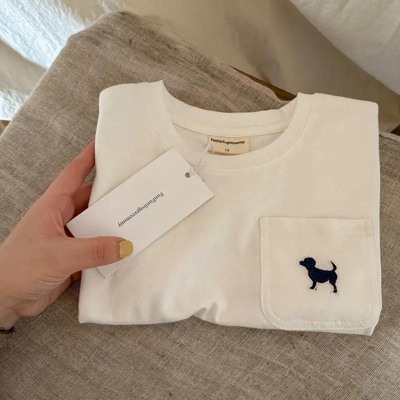 Children's White T-Shirt with Pocket Design, All-Cotton, 2026 Summer — feature 12