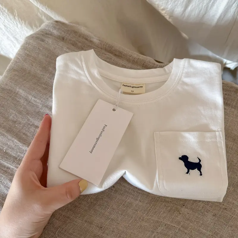 Children's White T-Shirt with Pocket Design, All-Cotton, 2026 Summer — feature 14