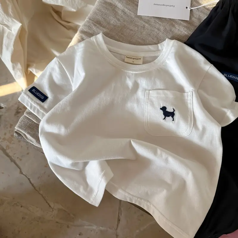 Children's White T-Shirt with Pocket Design, All-Cotton, 2026 Summer — feature 7