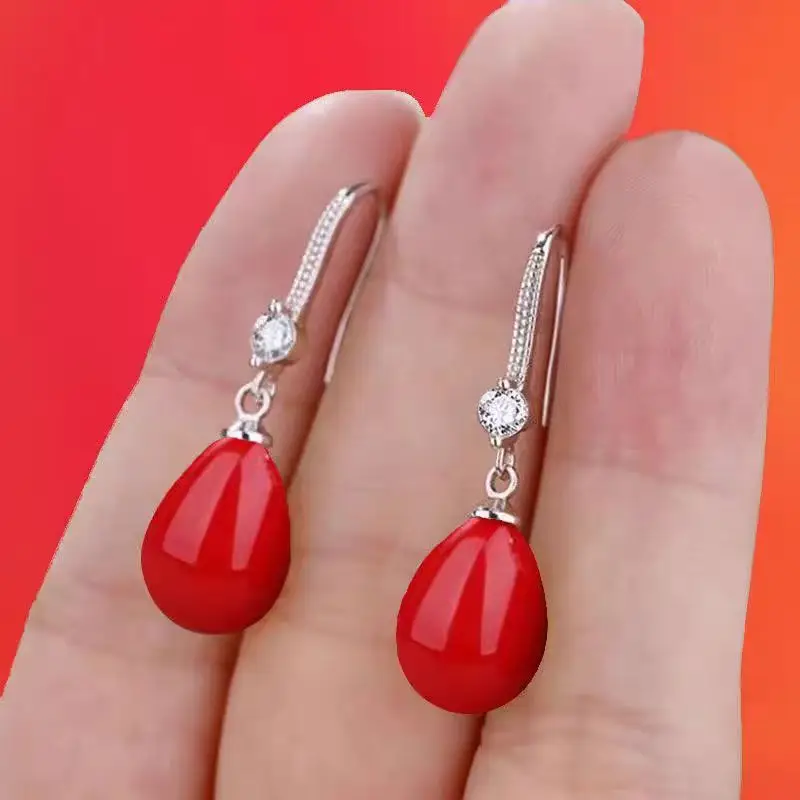 Women's Red Pearl Earrings Set for Bridal Wear - Image 3