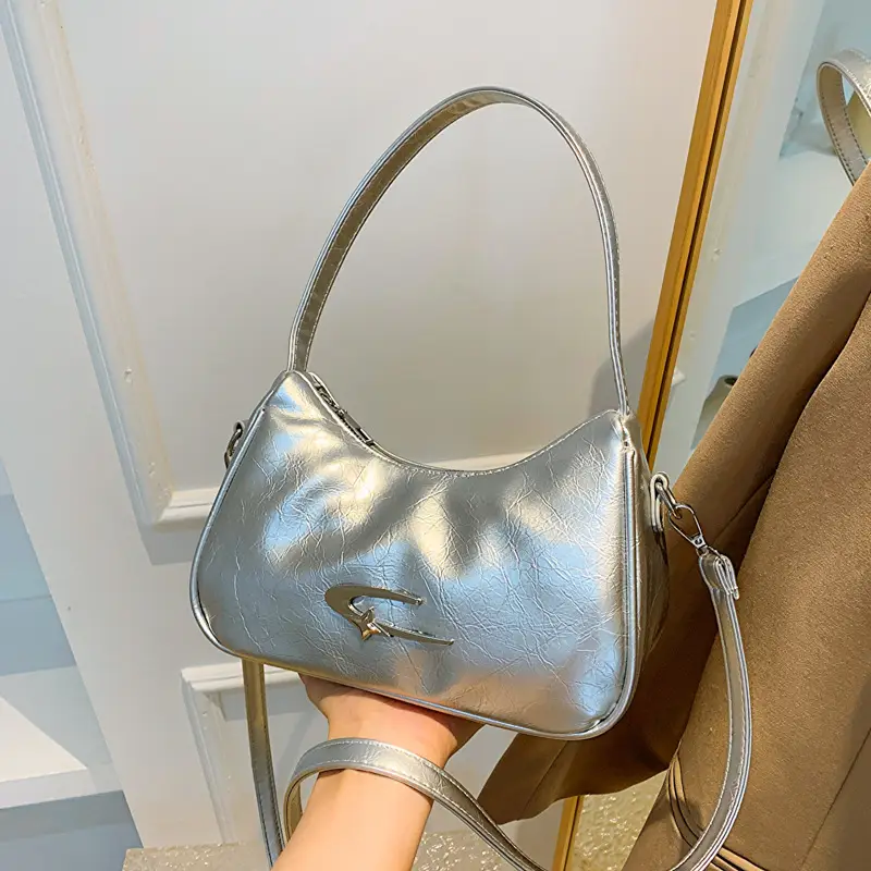 Silver Underarm Crescent Shoulder Bag for Women - Image 3