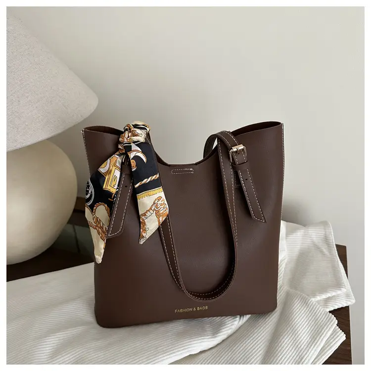 Women Silk Scarf Shoulder Tote Bag Brown 2025 - Image 3