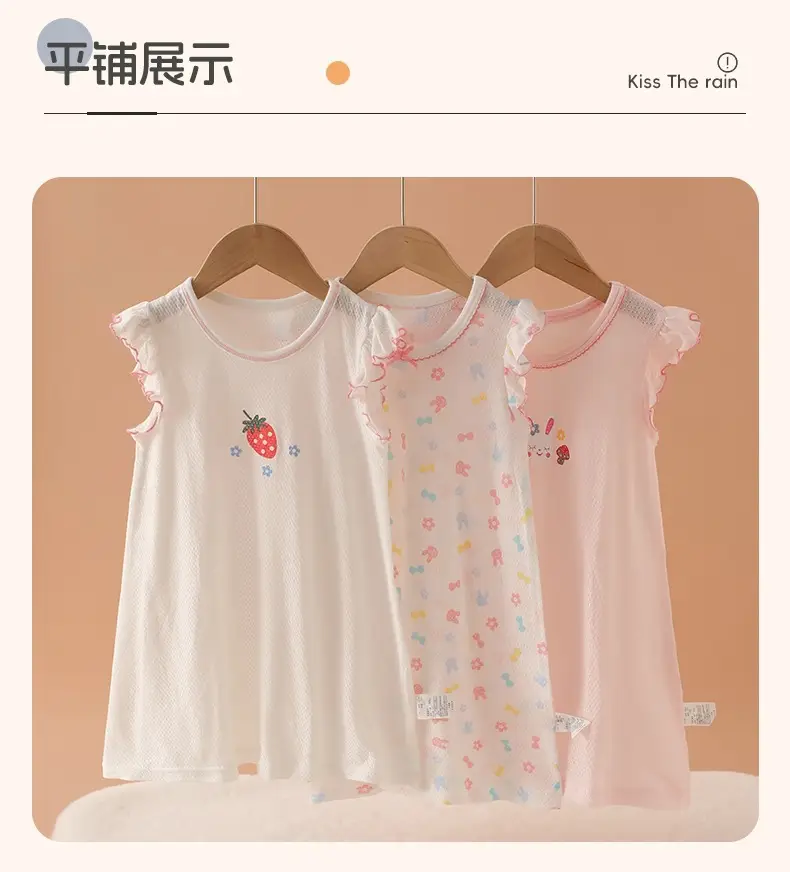 100% Pure Cotton Girls Flying Sleeve Nightdress Summer dress Thin Flip Sleeve Home Skirt Baby Girl dress — feature 13