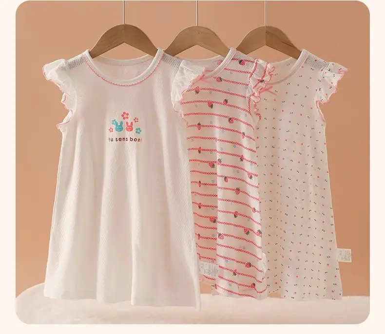 100% Pure Cotton Girls Flying Sleeve Nightdress Summer dress Thin Flip Sleeve Home Skirt Baby Girl dress — feature 14