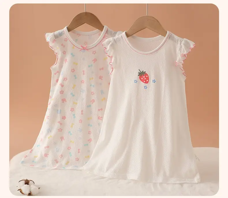 100% Pure Cotton Girls Flying Sleeve Nightdress Summer dress Thin Flip Sleeve Home Skirt Baby Girl dress — feature 15