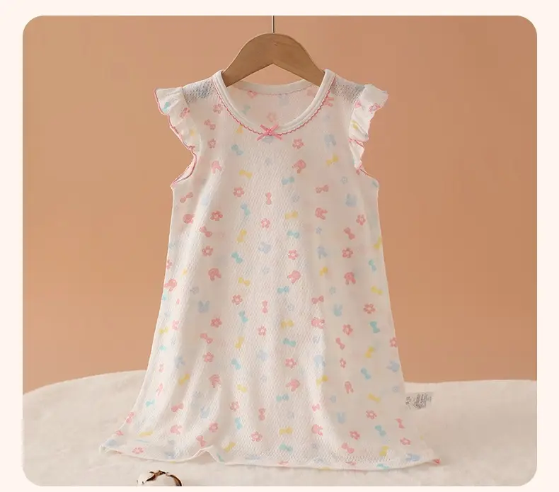 100% Pure Cotton Girls Flying Sleeve Nightdress Summer dress Thin Flip Sleeve Home Skirt Baby Girl dress — feature 16