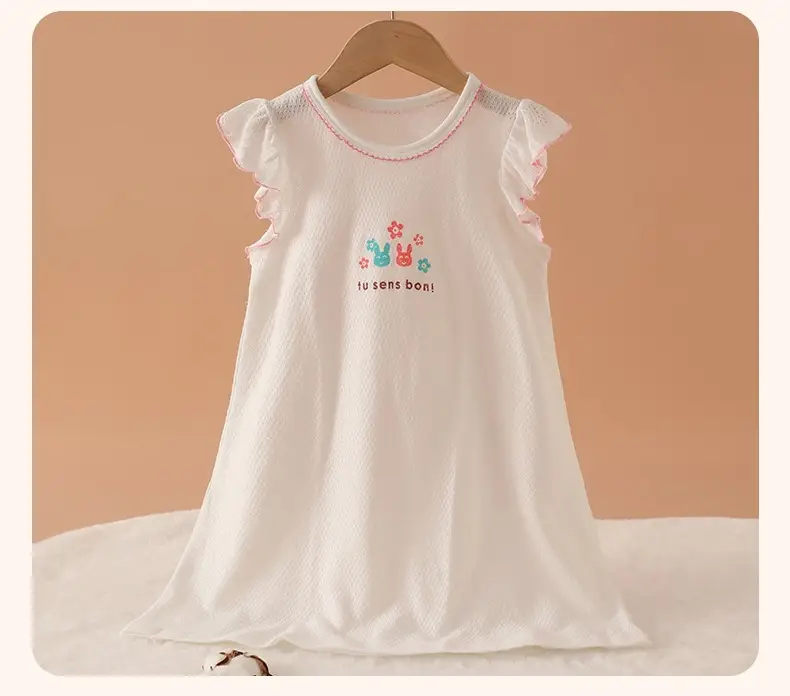 100% Pure Cotton Girls Flying Sleeve Nightdress Summer dress Thin Flip Sleeve Home Skirt Baby Girl dress — feature 19