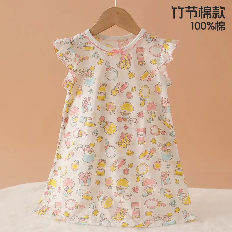 100% Pure Cotton Girls Flying Sleeve Nightdress Summer dress Thin Flip Sleeve Home Skirt Baby Girl dress