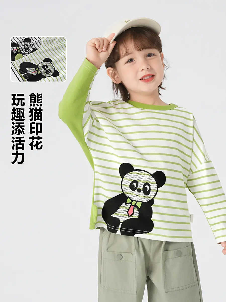 Boy Long Sleeve T-Shirt Panda Print Green Striped