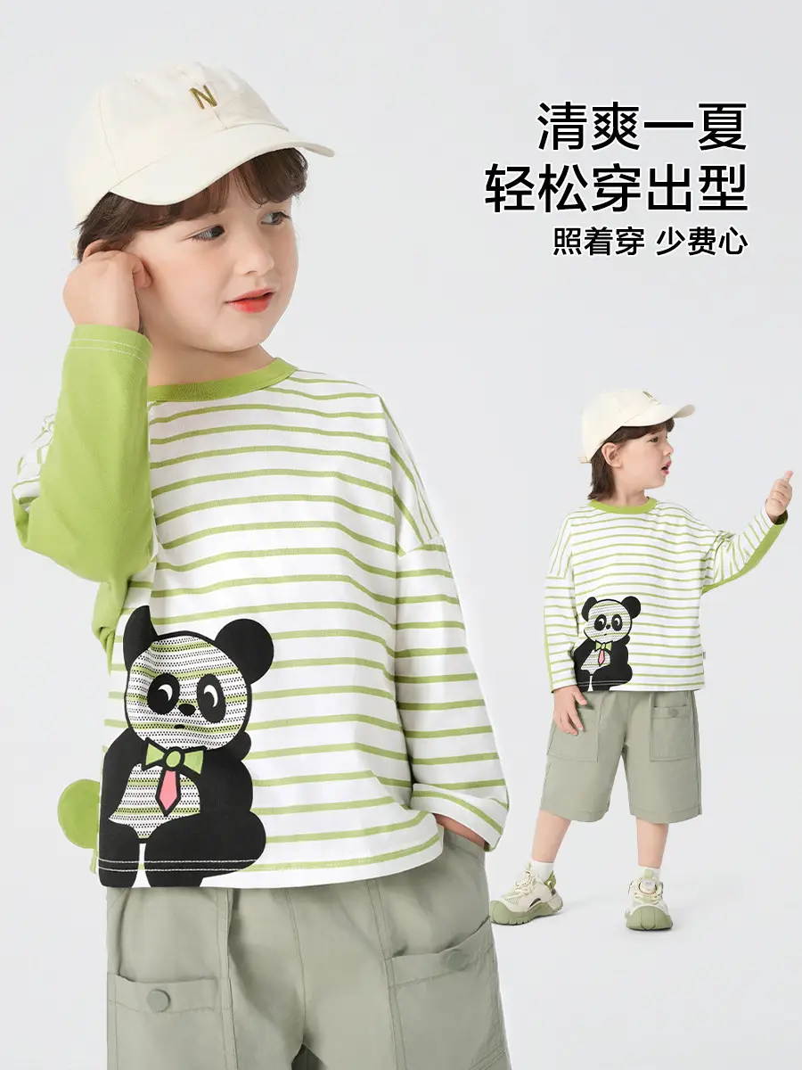 Boy Long Sleeve T-Shirt Panda Print Green Striped