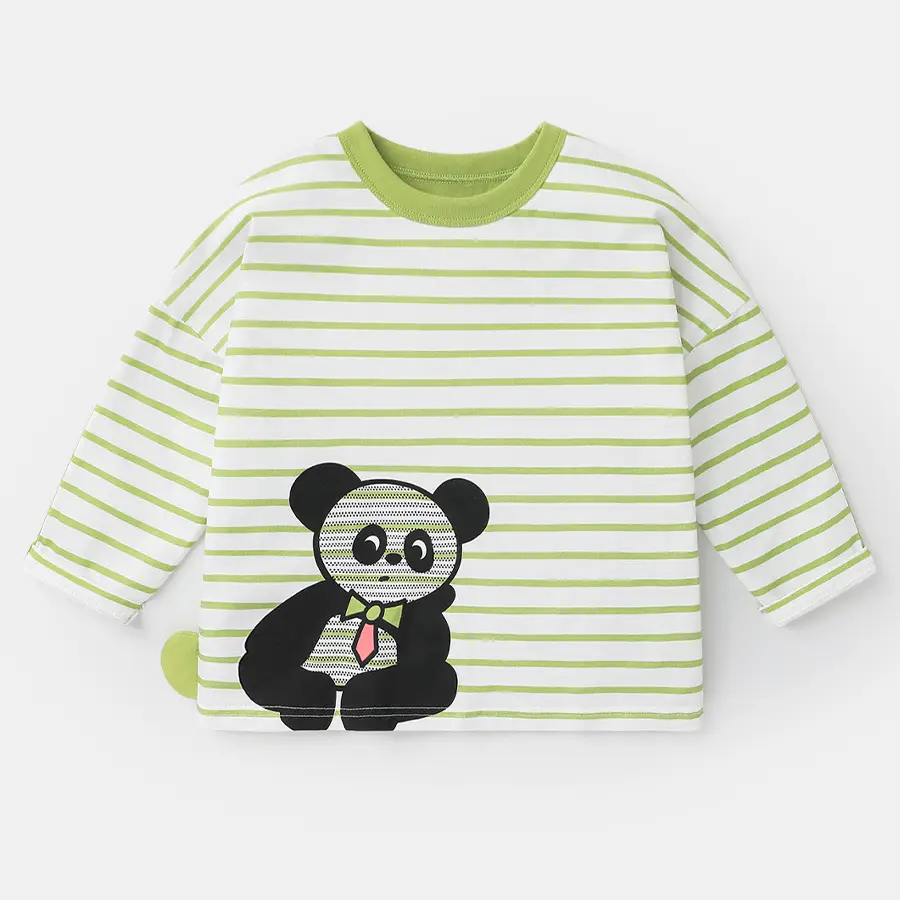 Boy Long Sleeve T-Shirt Panda Print Green Striped