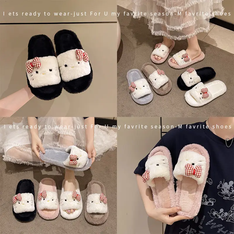 Cross-border foreign trade new cartoon KT kitten Mao Mao slippers women's autumn and winter warm bow open floor cotton slippers