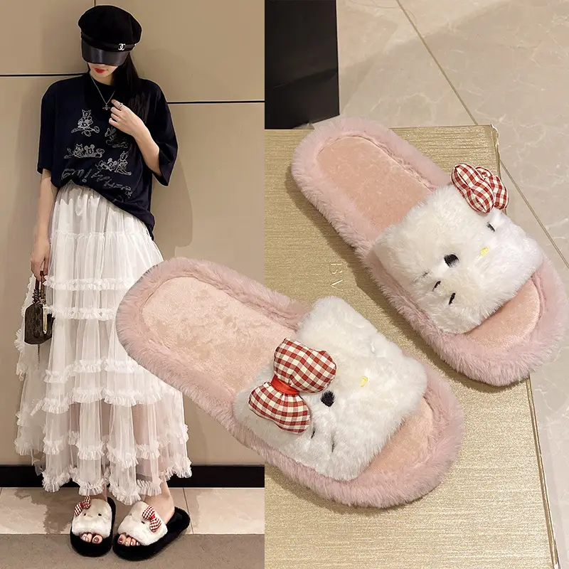 Cross-border foreign trade new cartoon KT kitten Mao Mao slippers women's autumn and winter warm bow open floor cotton slippers