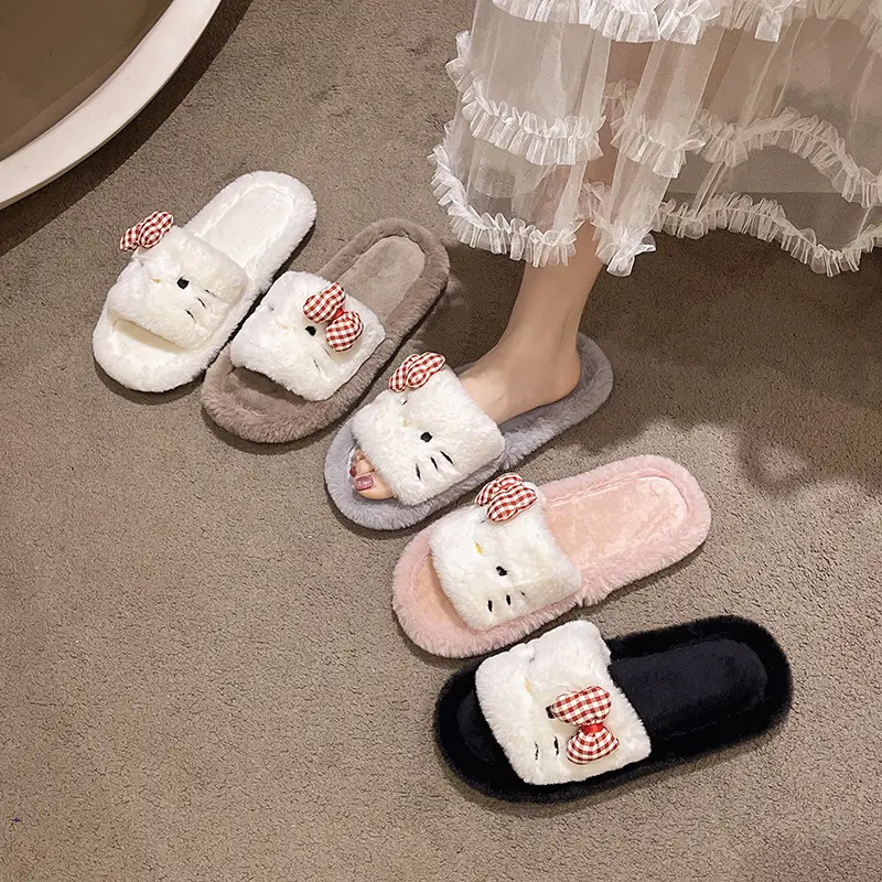 Cross-border foreign trade new cartoon KT kitten Mao Mao slippers women's autumn and winter warm bow open floor cotton slippers