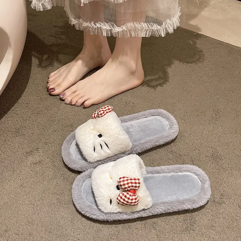 Cross-border foreign trade new cartoon KT kitten Mao Mao slippers women's autumn and winter warm bow open floor cotton slippers