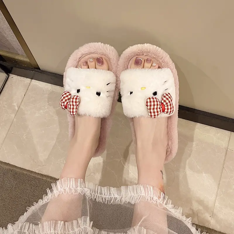 Cross-border foreign trade new cartoon KT kitten Mao Mao slippers women's autumn and winter warm bow open floor cotton slippers
