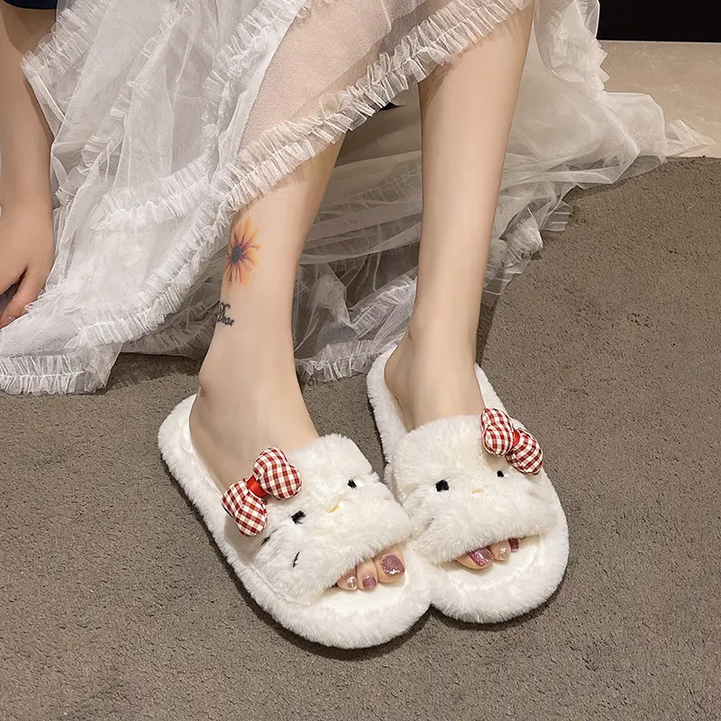 Cross-border foreign trade new cartoon KT kitten Mao Mao slippers women's autumn and winter warm bow open floor cotton slippers