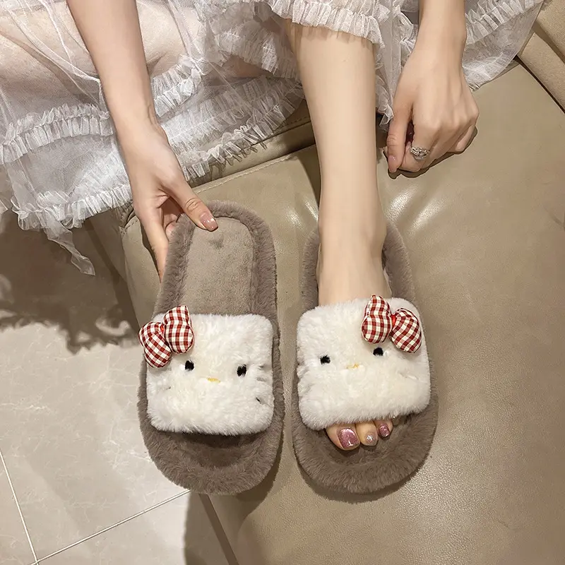 Cross-border foreign trade new cartoon KT kitten Mao Mao slippers women's autumn and winter warm bow open floor cotton slippers