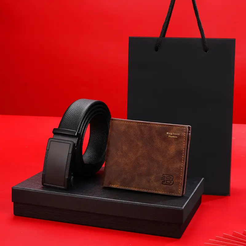 Men's Black Leather Belt with Card Holder & Automatic Buckle