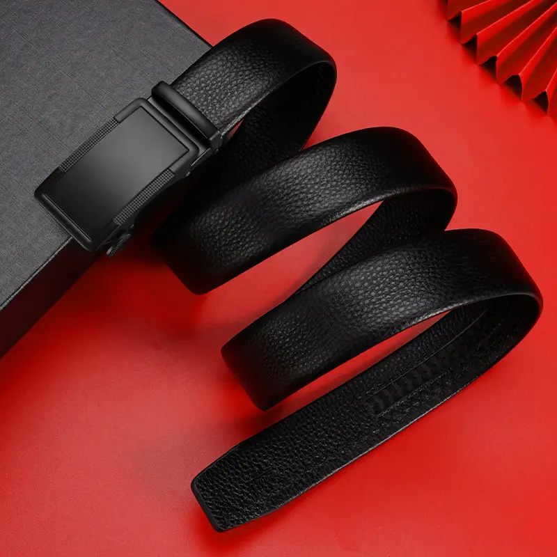 Men's Black Leather Belt with Card Holder & Automatic Buckle
