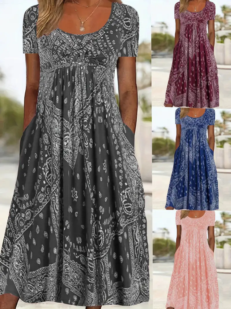 Maroon Printed Long Dress Mid Waist Short Sleeve Round Neck