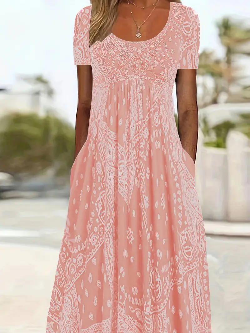 Maroon Printed Long Dress Mid Waist Short Sleeve Round Neck