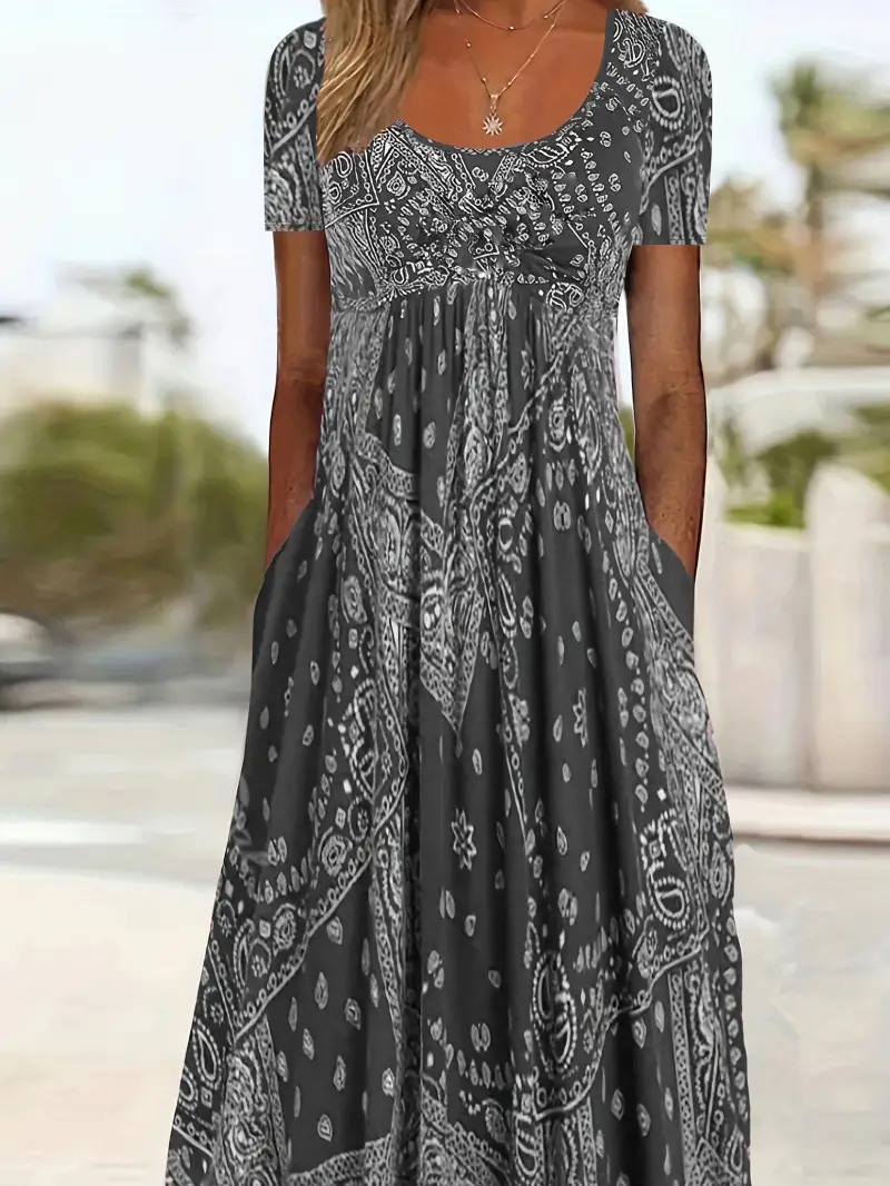 Maroon Printed Long Dress Mid Waist Short Sleeve Round Neck
