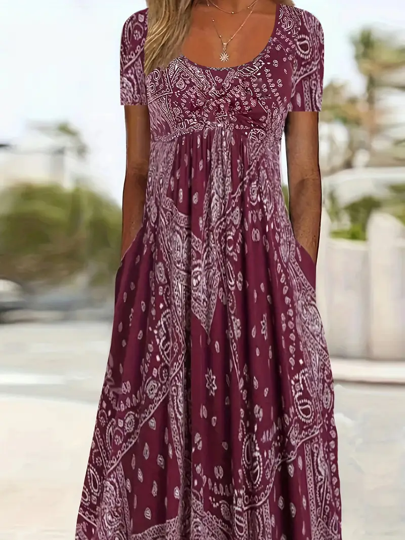 Maroon Printed Long Dress Mid Waist Short Sleeve Round Neck