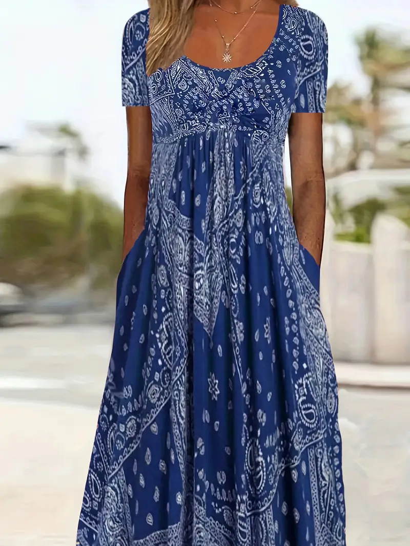 Maroon Printed Long Dress Mid Waist Short Sleeve Round Neck