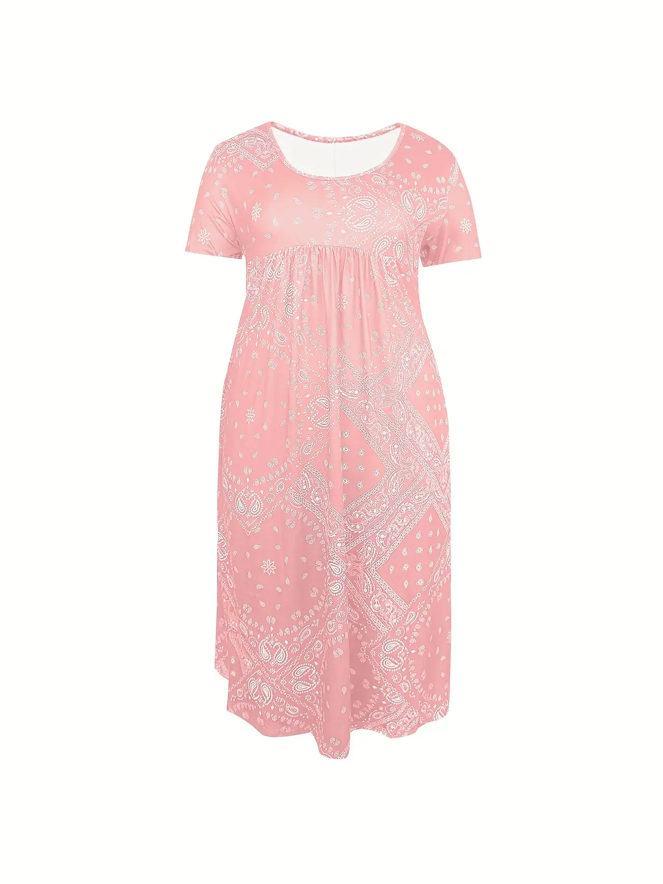 Maroon Printed Long Dress Mid Waist Short Sleeve Round Neck — feature 10