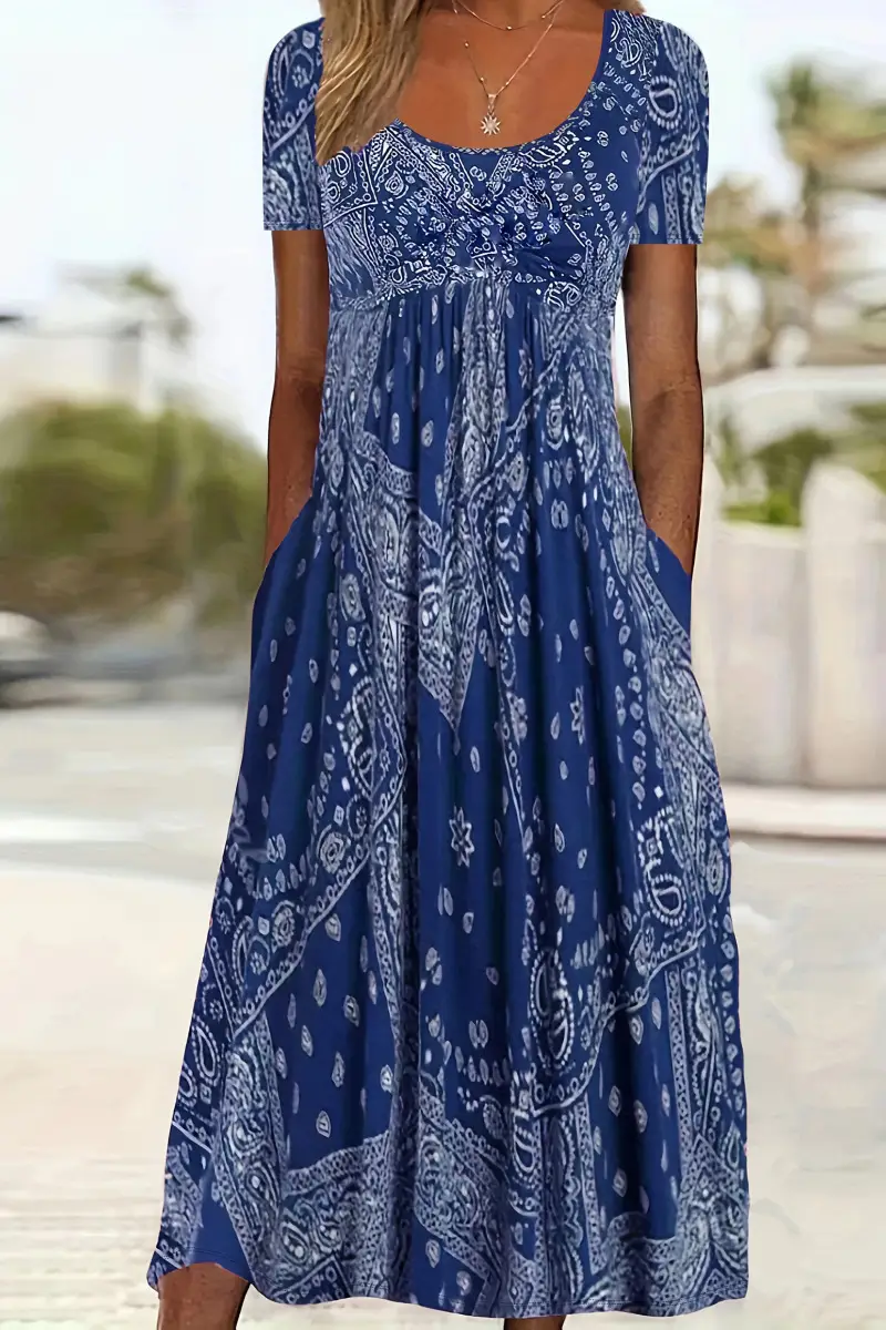 Maroon Printed Long Dress Mid Waist Short Sleeve Round Neck — feature 11