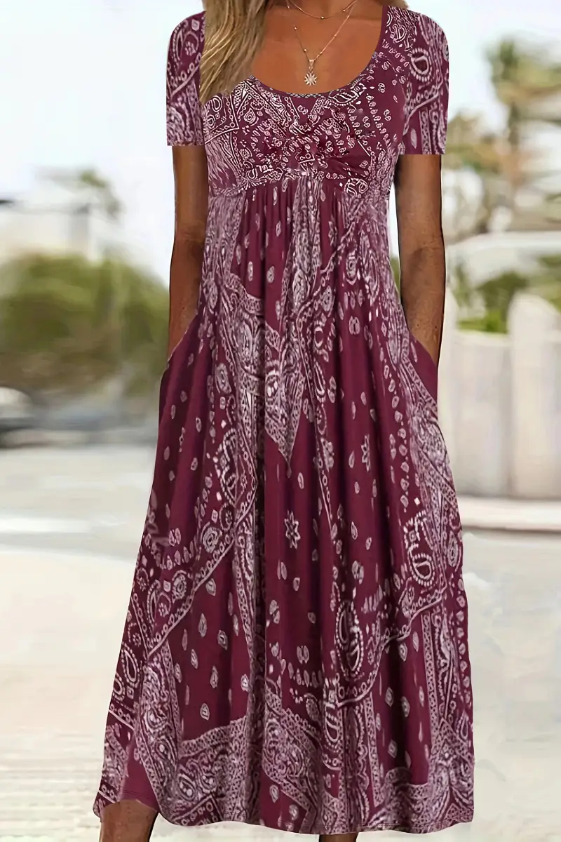 Maroon Printed Long Dress Mid Waist Short Sleeve Round Neck — feature 14